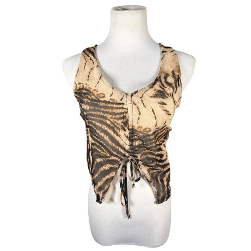 Silence + Noise Tank Top Womens XL Tiger Print Ruched Mesh Tie Back Brown Tan